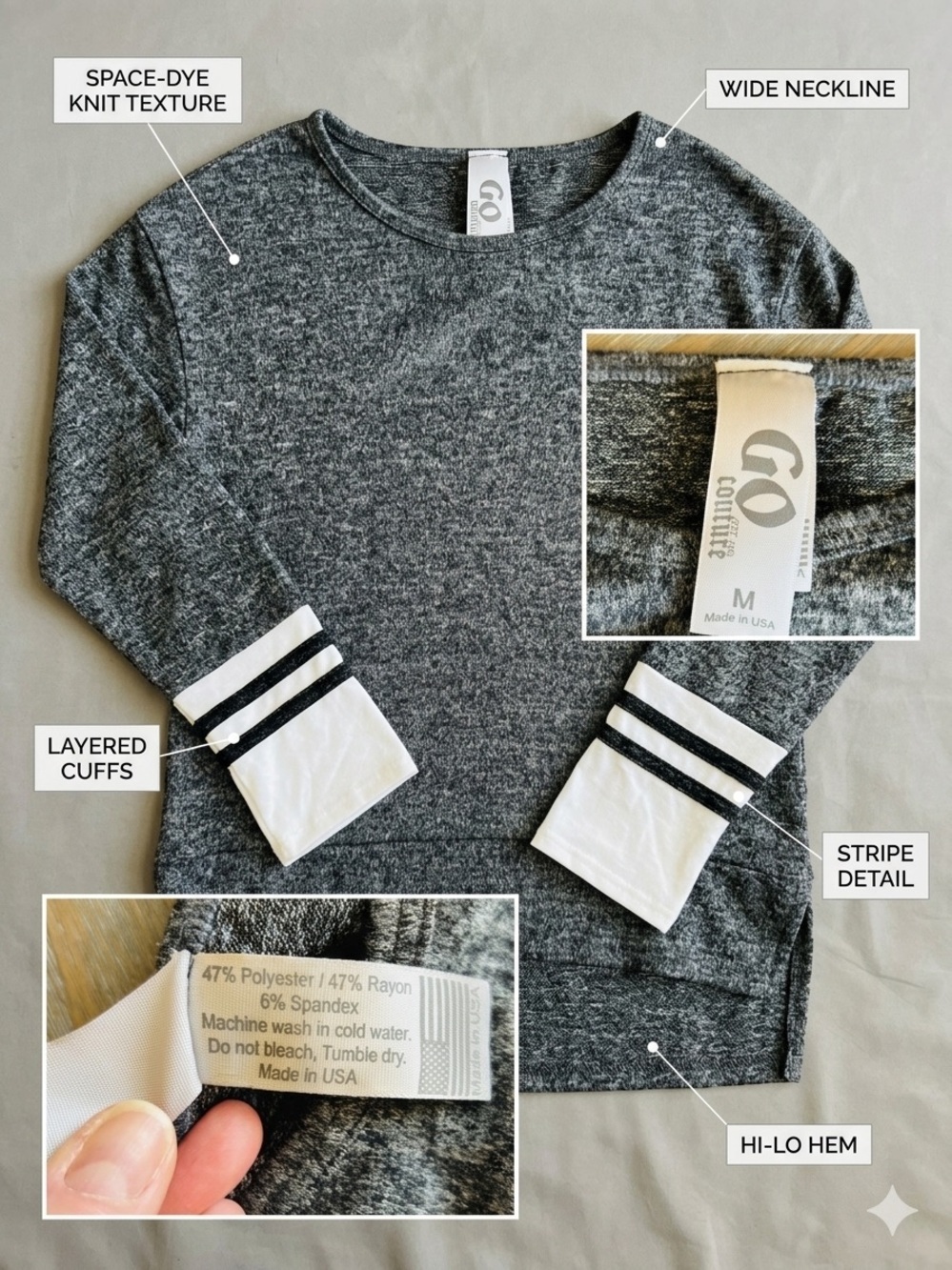 Go Couture Space-Dye Cozy Knit Top Stripe Detail Layered Cuffs M